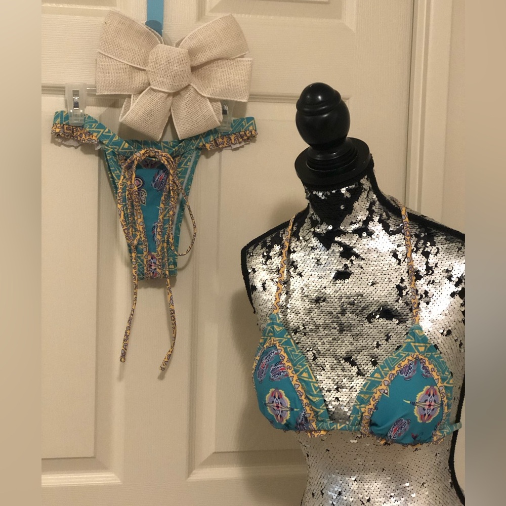Multicoloured Bikini String Top and Brazilian Tanga Bottoms, Ruffles Sexy & Cute
